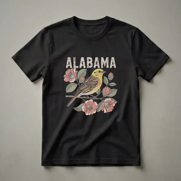 Black t-shirt featuring a vintage illustration of the Alabama Yellowhammer bird perched on a branch with pink camellia flowers and the word ALABAMA in distressed lettering.