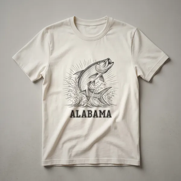 Black line art graphic of a tarpon leaping from waves, with the word ALABAMA below, printed on a black t-shirt.