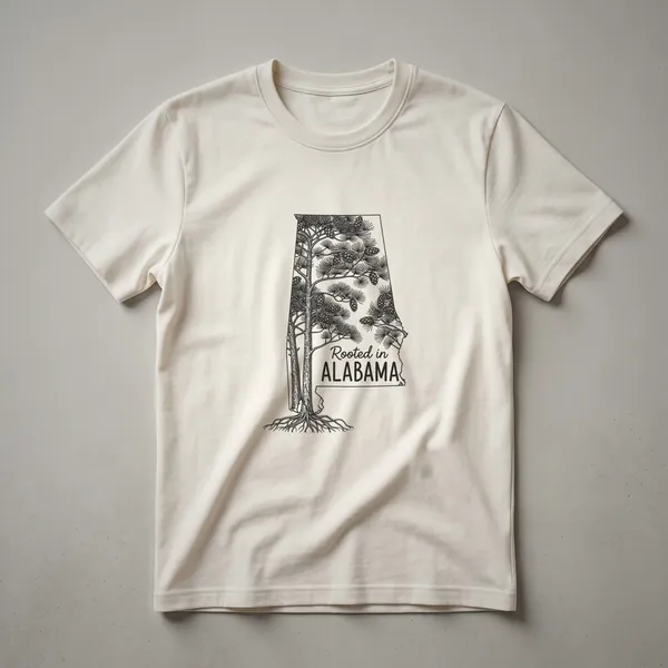Black graphic t-shirt featuring a line art drawing of a pine tree with cones and roots inside the outline of the state of Alabama, with the text 'Rooted in ALABAMA'.