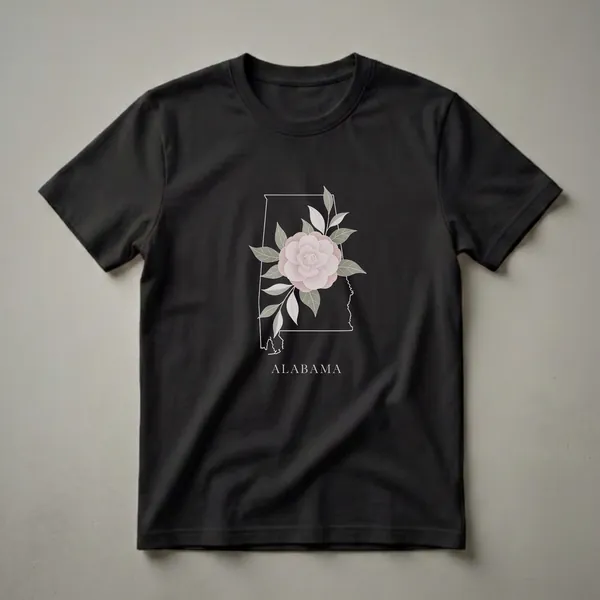 Black t-shirt featuring a white outline of the state of Alabama with a pink camellia flower and green leaves artfully placed within the outline, and the word ALABAMA below.