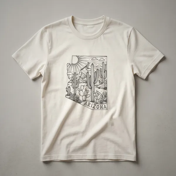 Line art graphic t-shirt featuring the outline of Arizona filled with a desert landscape including saguaro cacti, prickly pear, a roadrunner, mountains, and a sun.
