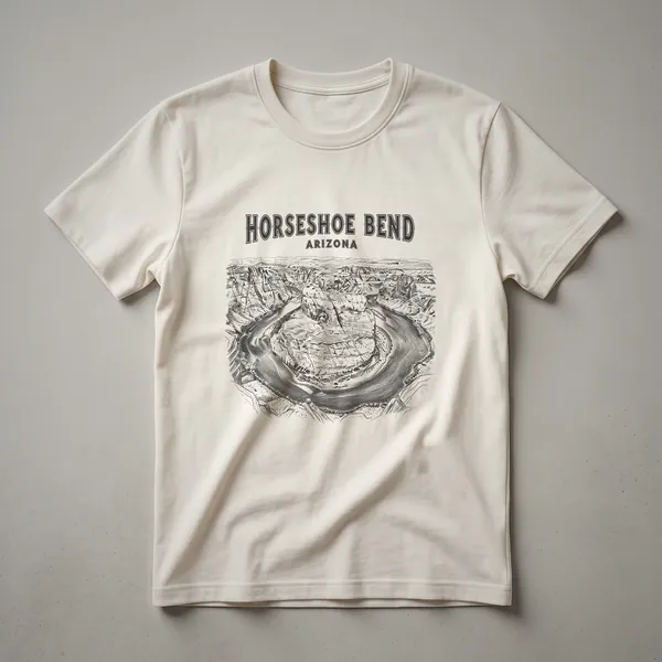 Black t-shirt with a line art drawing of Horseshoe Bend, Arizona, featuring the Colorado River carving through the canyon, with text above.