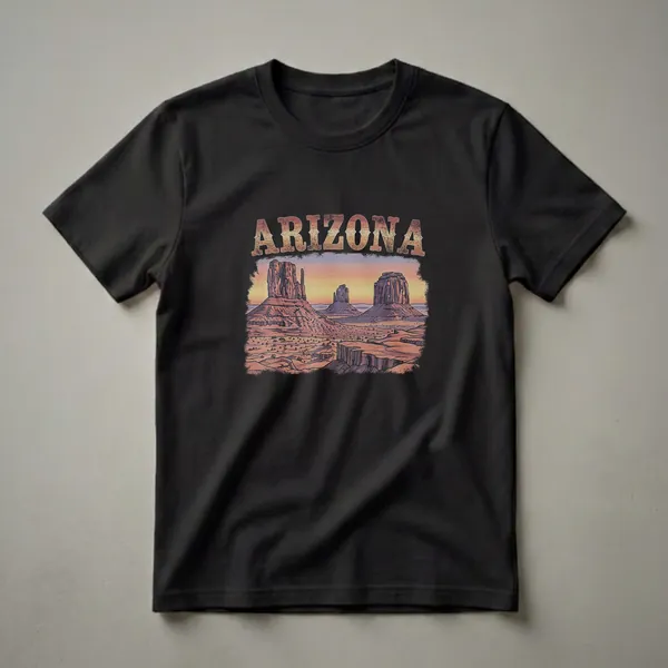 Black t-shirt featuring a stylized drawing of Monument Valley, Arizona, with buttes and mesas under a desert sunset, and the word "ARIZONA" above.