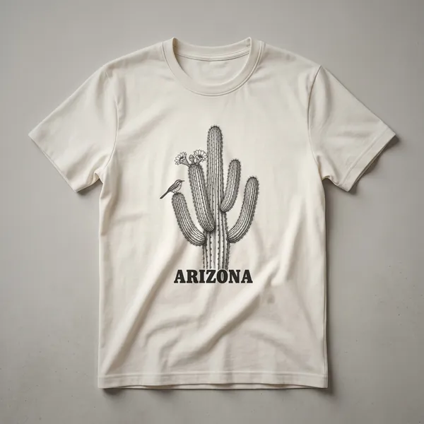 Black line art graphic on a dark shirt, featuring a saguaro cactus with flowers and a bird, with the word ARIZONA below.