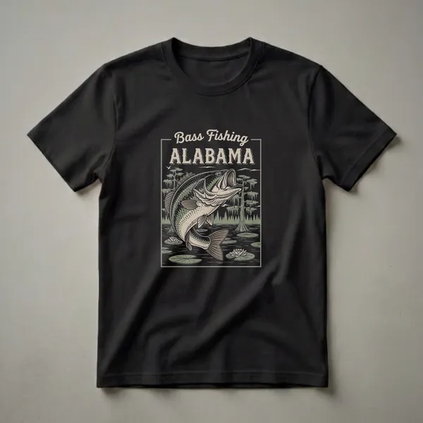 Black t-shirt featuring a graphic design of a largemouth bass leaping from water with cypress trees and lily pads in the background, with 'Bass Fishing Alabama' text above.