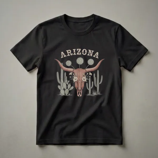 Black t-shirt with a bull skull adorned with cream wildflowers flanked by saguaro and prickly pear cacti under an arched distressed ARIZONA Western font in warm earth tones.
