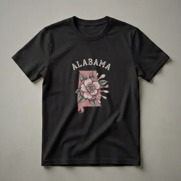 Black t-shirt featuring a retro drawing of the Alabama state map in dusty rose, adorned with a pink and cream camellia flower and green leaves, with 'ALABAMA' in distressed font above.
