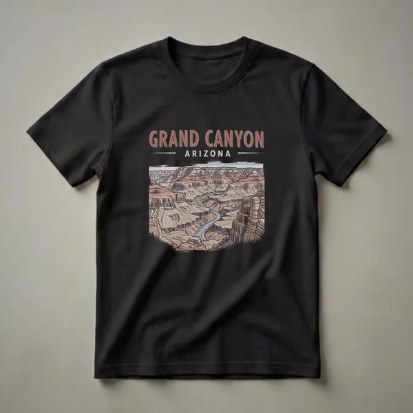 Black t-shirt featuring a vintage-style drawing of the Grand Canyon in Arizona, with the Colorado River flowing through the canyon floor and the text 'GRAND CANYON ARIZONA' above.