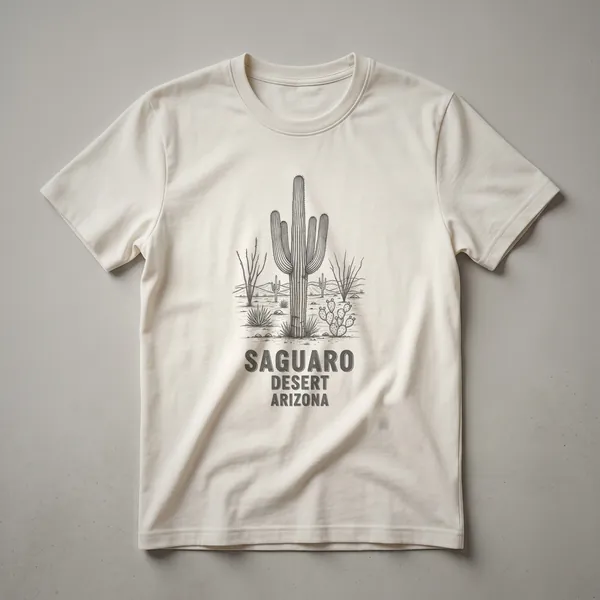 A black and white line drawing graphic t-shirt featuring a saguaro cactus, prickly pear, ocotillo, and desert mountains with the text 'Saguaro Desert Arizona' below.