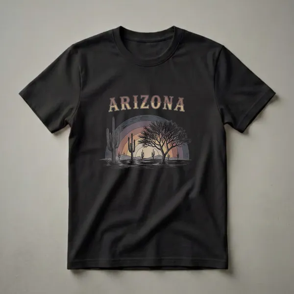 Black t-shirt featuring a vintage Arizona desert sunset graphic with saguaro cacti, a barren tree, and a retro-style sunset gradient.