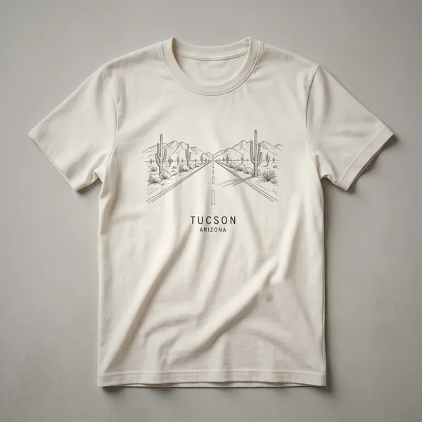 A black graphic t-shirt featuring a minimalist line art drawing of a desert road with saguaro cacti and mountains, with 'TUCSON ARIZONA' text below.