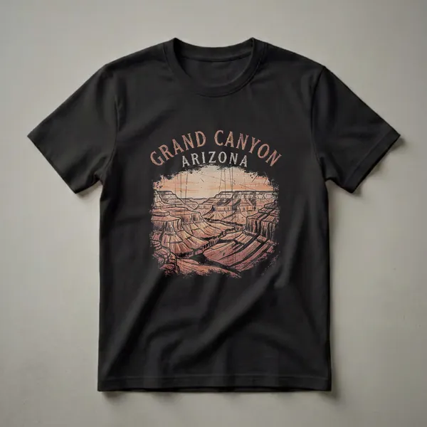 Black t-shirt featuring a retro drawing of the Grand Canyon with 'Grand Canyon Arizona' text in a distressed vintage font.