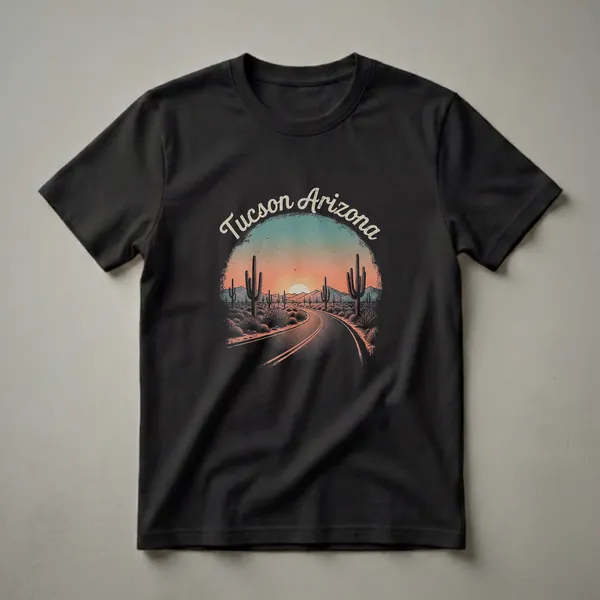 A black t-shirt featuring a retro graphic of a desert landscape at sunset with saguaro cacti and a winding road, with 'Tucson Arizona' written in a vintage script.