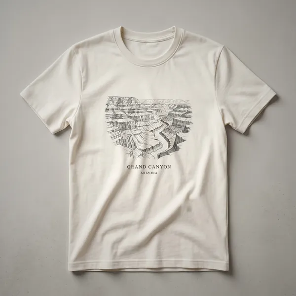 Black t-shirt featuring a vintage line art sketch of the Grand Canyon in Arizona, with the Colorado River visible, and text that reads 'GRAND CANYON ARIZONA'.