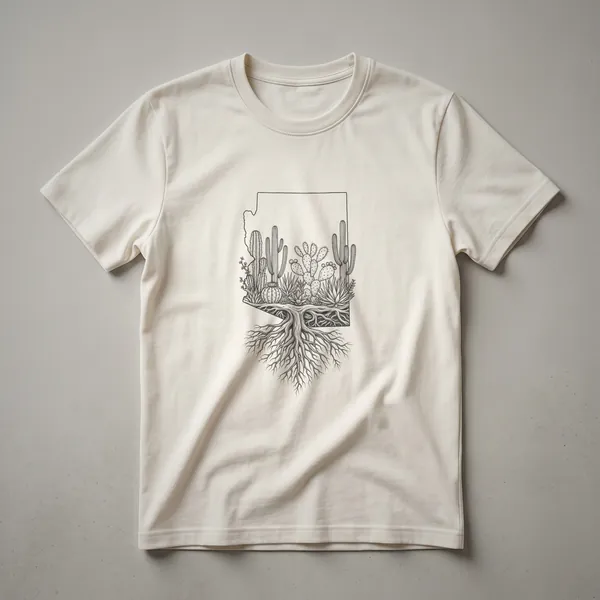 Black and white line drawing of the Arizona state outline filled with various desert cacti and a prominent, detailed root system below.