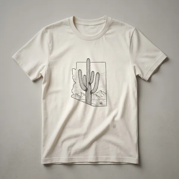 Black line art graphic t-shirt featuring the outline of Arizona filled with a saguaro cactus, mountains, and desert landscape.