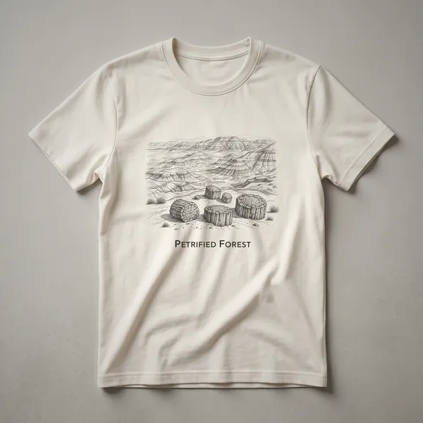 Black graphic t-shirt featuring a vintage line drawing of petrified wood logs in the Petrified Forest National Park, Arizona, with desert hills and mountains in the background.