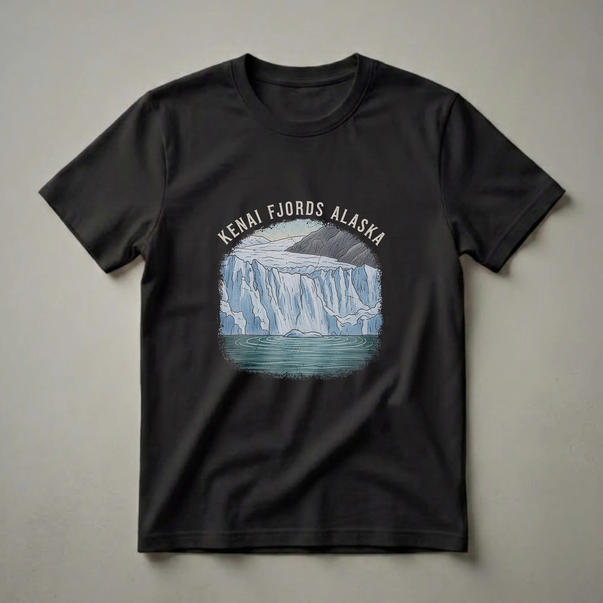 Black t-shirt featuring a retro drawing of the Kenai Fjords glacier in Alaska, with text above and water below.