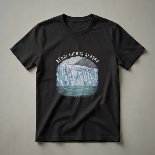 Black t-shirt featuring a retro drawing of the Kenai Fjords glacier in Alaska, with text above and water below.
