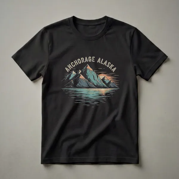 Black graphic t-shirt featuring a retro drawing of teal and orange mountains reflecting in water under a sunset sky, with 'ANCHORAGE ALASKA' text above.