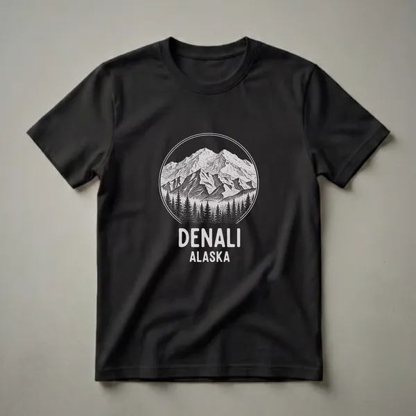 Black t-shirt with a circular pencil-sketch badge showing Denali's mountain peaks, spruce tree silhouettes, and bold 'DENALI ALASKA' text below.