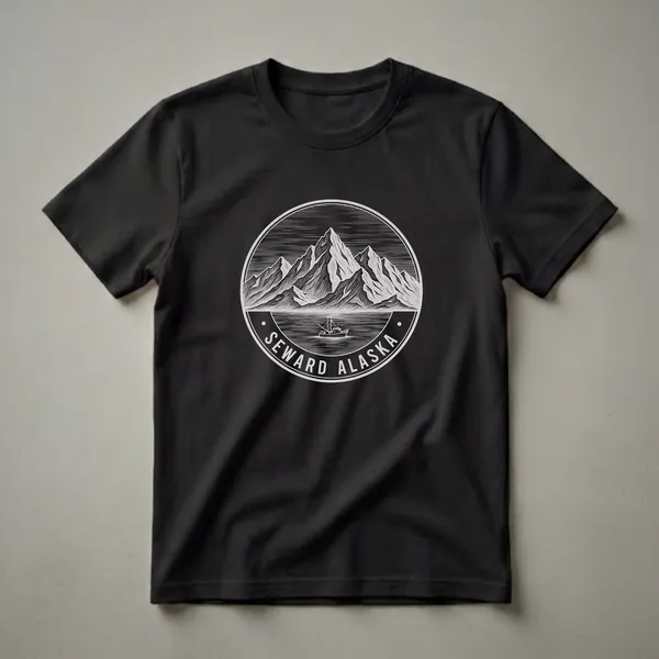 Black t-shirt with a vintage circular graphic depicting snow-capped mountains, a body of water, and a fishing boat, with 'SEWARD ALASKA' text.