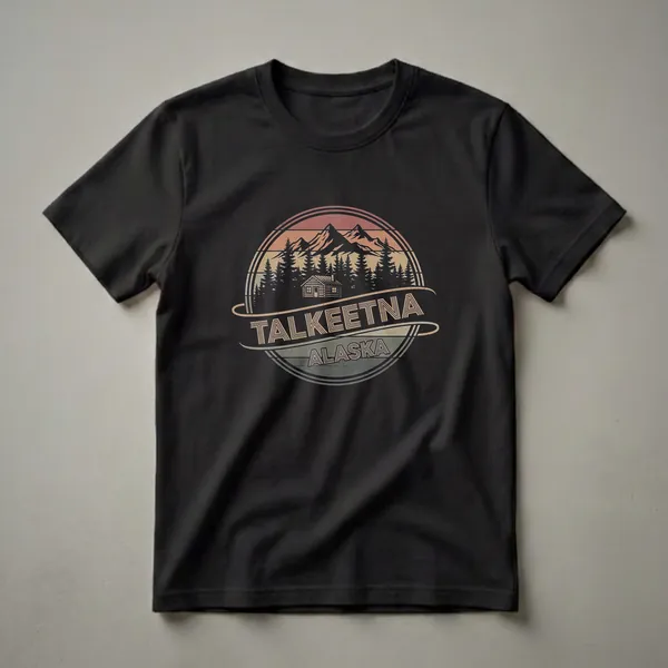 Black t-shirt with a retro circular graphic depicting snow-capped mountains, pine trees, a log cabin, and the text 'TALKEETNA ALASKA' in vintage colors.