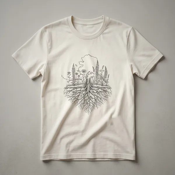 Black t-shirt with a grey line art design of the outline of Alaska, featuring a complex root system below and various wildflowers like lupine and fireweed above.