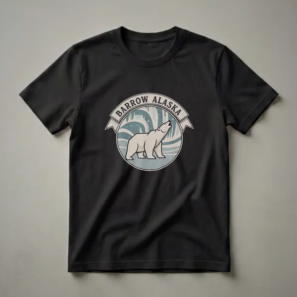 A retro graphic t-shirt design featuring a polar bear howling under the aurora borealis with 'BARROW ALASKA' text in a circular emblem.