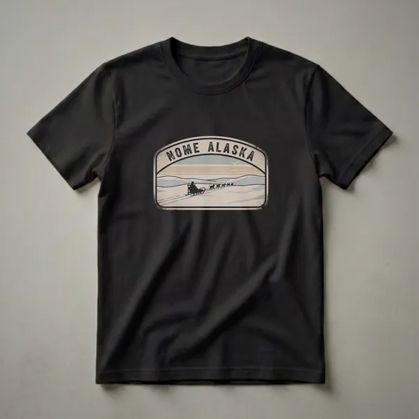 Black graphic t-shirt featuring a retro design of a dog sled team with a musher in Nome, Alaska, set against a muted landscape with a pale blue and tan sky.