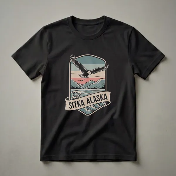 Retro graphic t-shirt featuring a black eagle in flight above stylized mountains and waves, with 'Sitka Alaska' text on a banner. The design uses a muted color palette of teal, cream, and red.