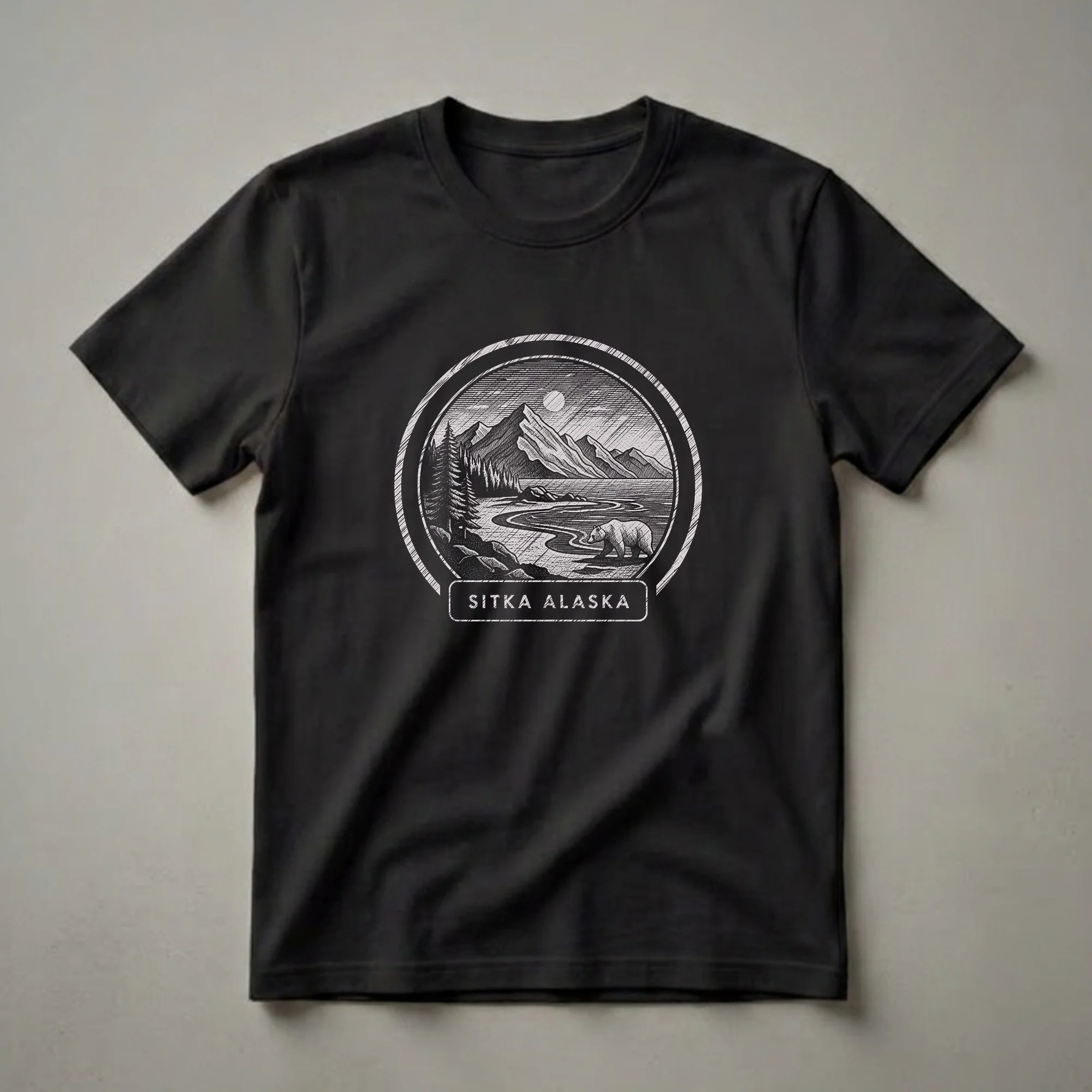 Black graphic t-shirt with a vintage sketch art design of a bear walking by a river with mountains and trees under a moon, labeled 'SITKA ALASKA'.