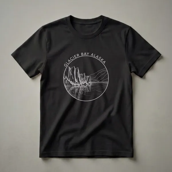 Black t-shirt featuring a white sketch-style illustration of Glacier Bay, Alaska, with ice formations and reflections within a circular border, and text reading 'Glacier Bay Alaska'.