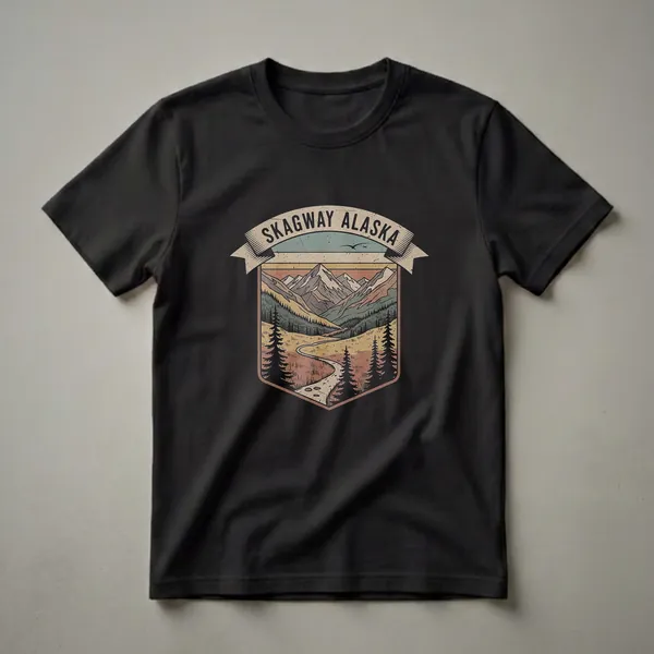 Retro Skagway Alaska graphic t-shirt featuring a vintage-style emblem with mountains, pine trees, and a winding road. The text 'Skagway Alaska' is displayed on a banner.