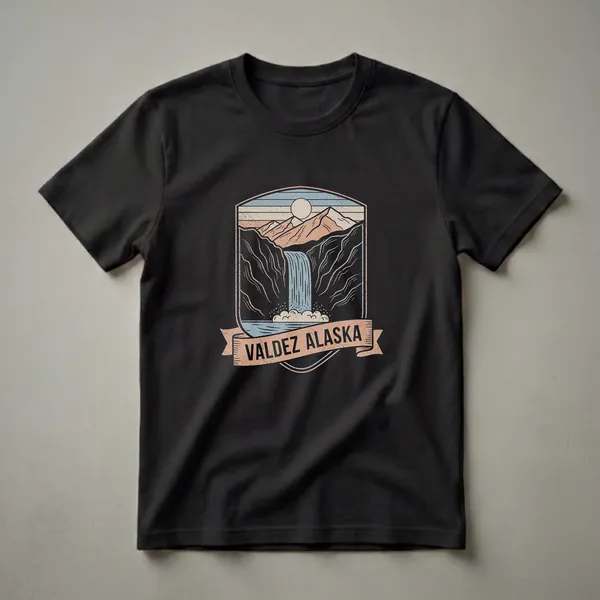 A retro graphic t-shirt design featuring a badge with a waterfall, mountains, and the text 'VALDEZ ALASKA'.