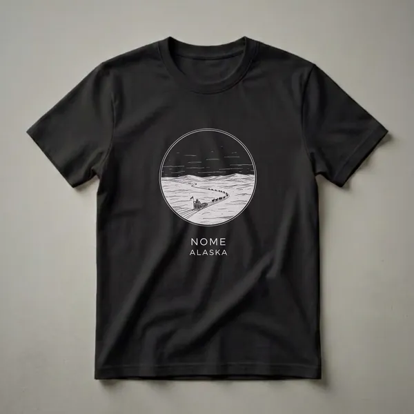 Black t-shirt with a circular sketch art design depicting a dog sled team on a snowy landscape, with 'NOME ALASKA' text below.