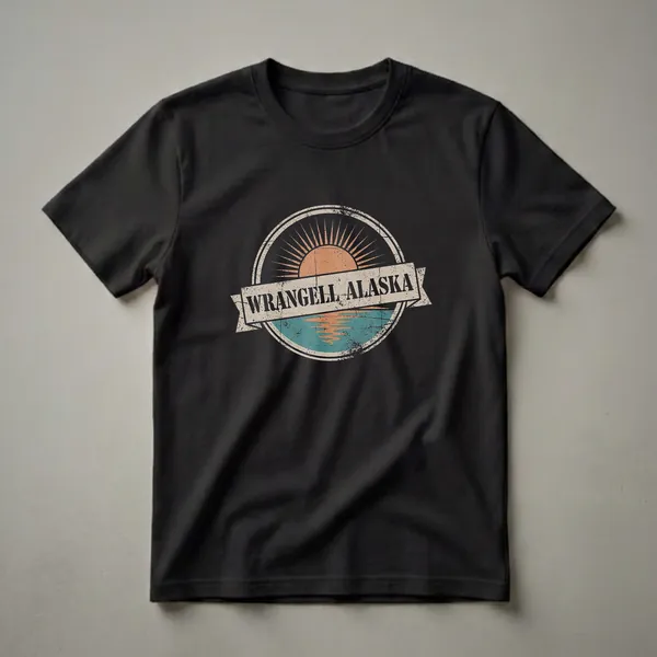 Black t-shirt with a circular, distressed graphic featuring a retro sunburst over teal water, with 'WRANGELL ALASKA' on a banner across the center.