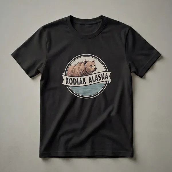 Black t-shirt featuring a retro circular emblem with a brown Kodiak bear illustration and a banner reading 'KODIAK ALASKA' above stylized blue water.