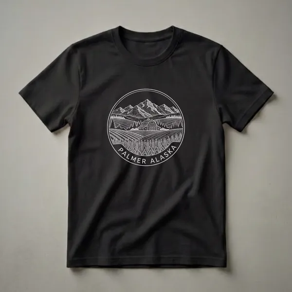 Black t-shirt with a vintage sketch art design in white, depicting a circular emblem with a barn, fields of wheat, pine trees, and snow-capped mountains, with 'Palmer Alaska' text.