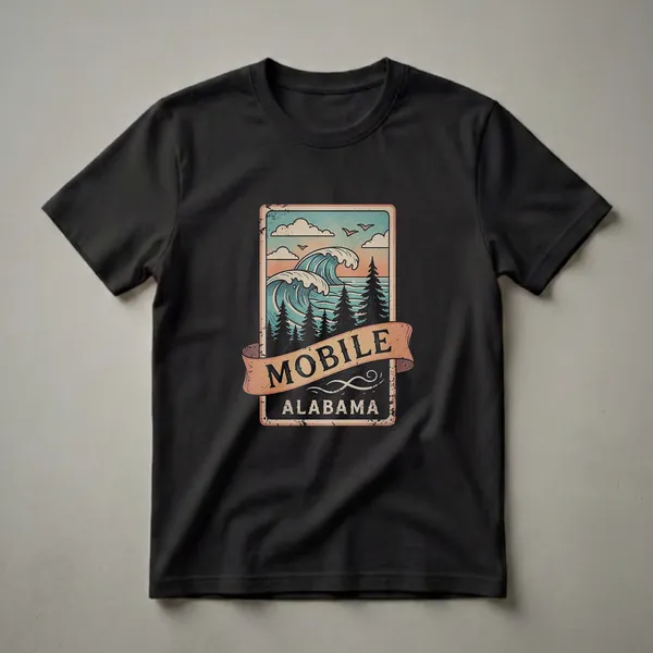 A retro graphic t-shirt design featuring crashing ocean waves, silhouetted pine trees, and birds in the sky, with 'Mobile Alabama' prominently displayed on a banner.