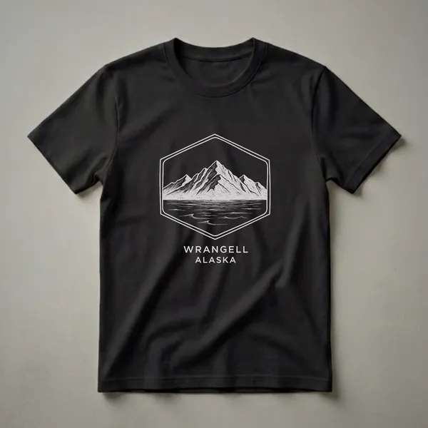 Black t-shirt with a vintage sketch graphic of snow-capped mountains over water, enclosed in a hexagonal outline, with 'WRANGELL ALASKA' text below.