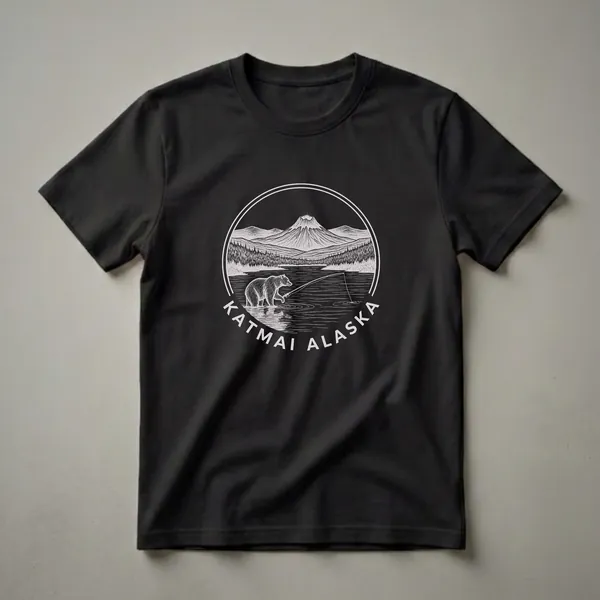 Black t-shirt with a vintage sketch design of a bear fishing in a river, with a volcano and pine forest in the background, and 'Katmai Alaska' text.