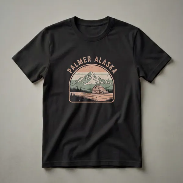 Black t-shirt featuring a retro graphic design of Palmer, Alaska, with a barn, mountains, and pine trees in muted earth tones.
