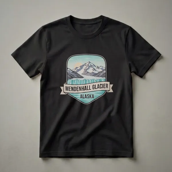 White graphic t-shirt featuring a retro badge design of Mendenhall Glacier, Alaska, with snow-capped mountains, glacial ice, and a rising sun.