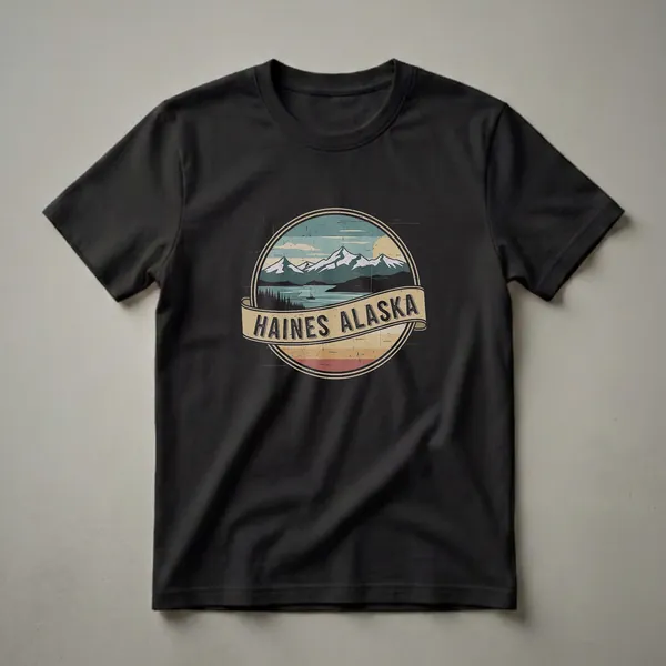 Black t-shirt with a circular retro graphic design of Haines, Alaska, featuring snow-capped mountains, a lake with a sailboat, and pine trees, with 'Haines Alaska' on a banner.