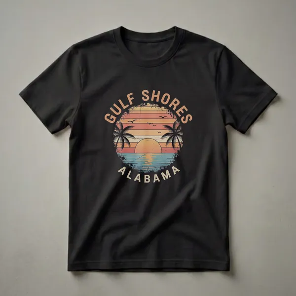 Black t-shirt with a retro graphic of a sunset over the ocean, featuring palm trees, seagulls, and the text 'GULF SHORES ALABAMA'.