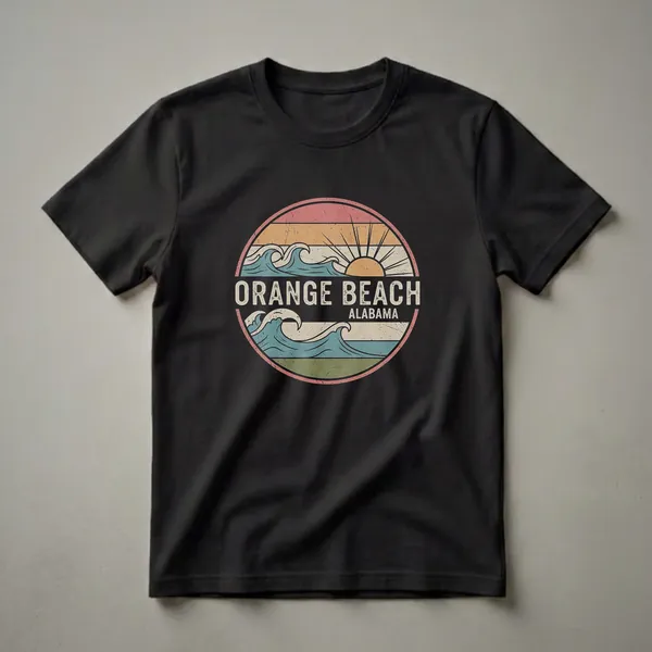 Retro graphic t-shirt featuring a circular design with waves, a sun, and the text 'ORANGE BEACH ALABAMA' in a vintage, distressed style.