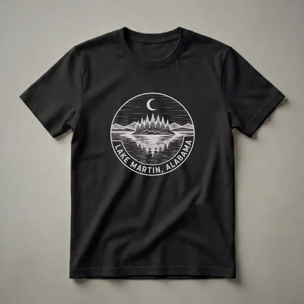 Black t-shirt with a vintage circular sketch art design of Lake Martin, Alabama, featuring pine trees, mountains, a crescent moon, and the lake's name.