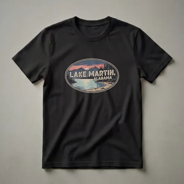 Retro graphic t-shirt featuring a vintage oval design of Lake Martin, Alabama, with a sunset over mountains, pine trees, and a lake shoreline.