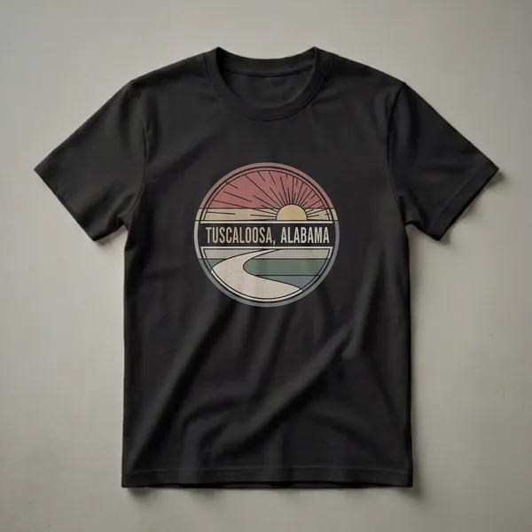 Black t-shirt with a circular retro graphic featuring a sunset over a winding road, with 'TUSCALOOSA, ALABAMA' text in the center.
